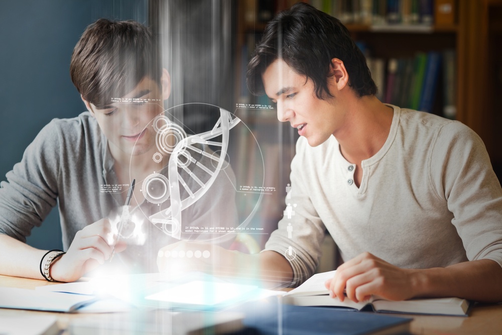 Estudantes da faculdade analisam um DNA na relação digital na biblioteca da universidade